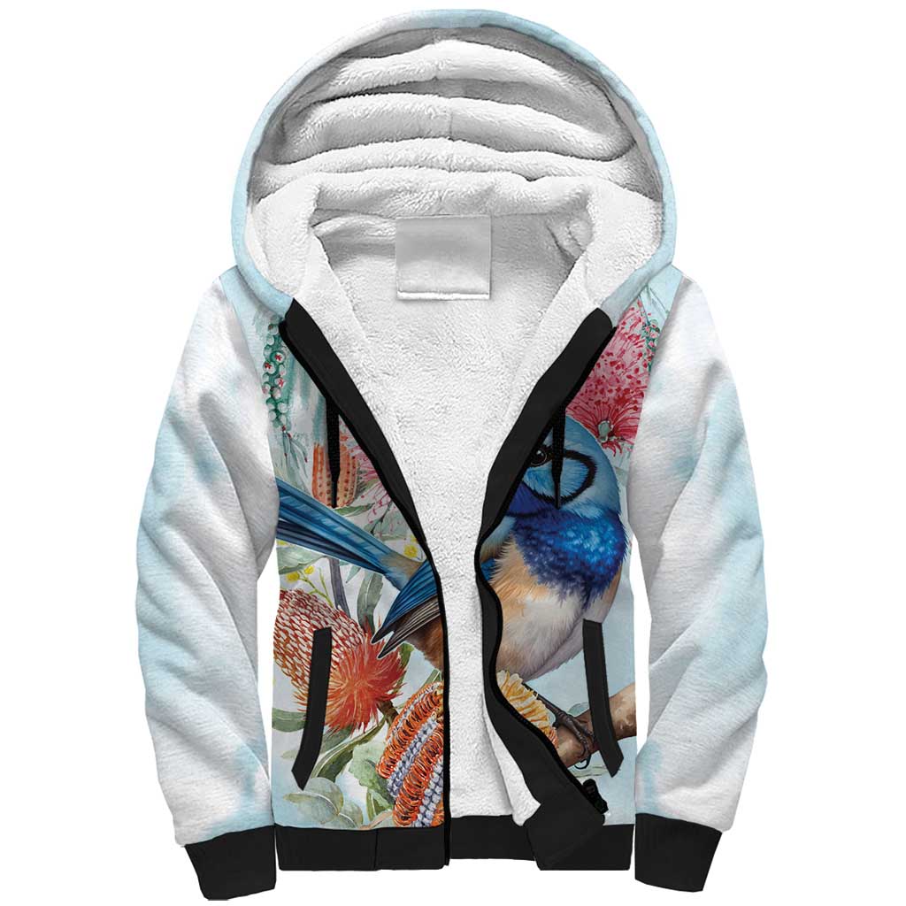 Splendid Fairy-wren Australia Sherpa Hoodie Aussie National Flowers - Watercolor Style