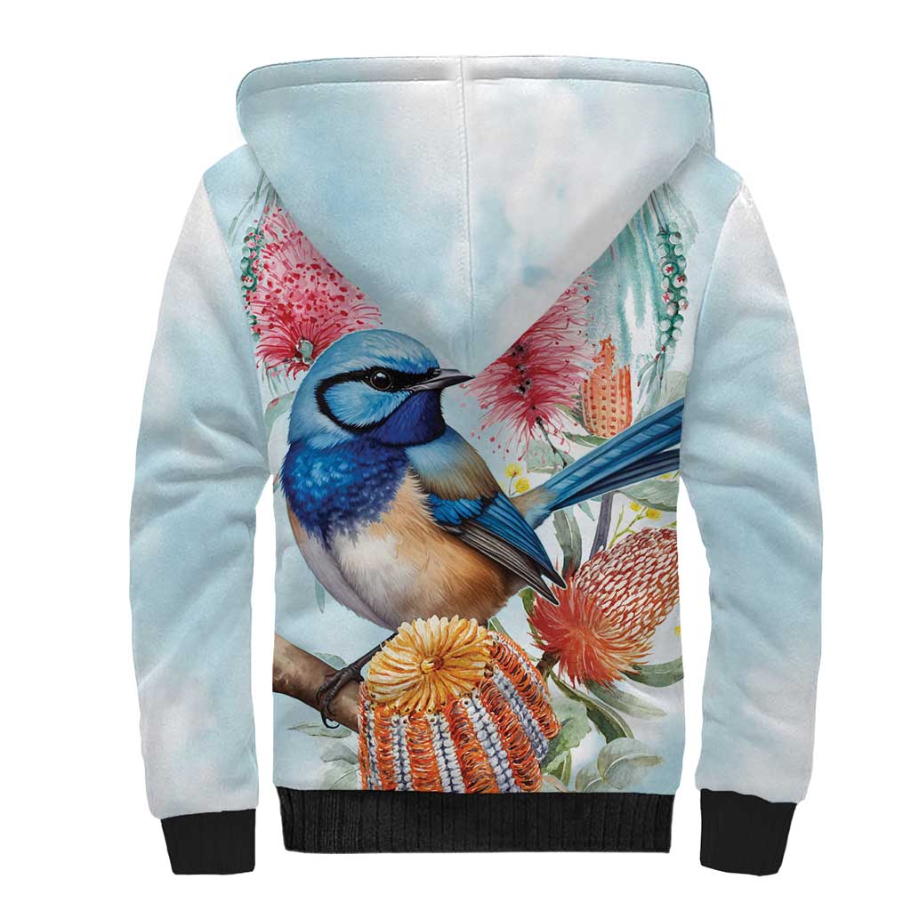 Splendid Fairy-wren Australia Sherpa Hoodie Aussie National Flowers - Watercolor Style