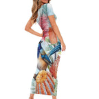 Splendid Fairy-wren Australia Short Sleeve Bodycon Dress Aussie National Flowers - Watercolor Style