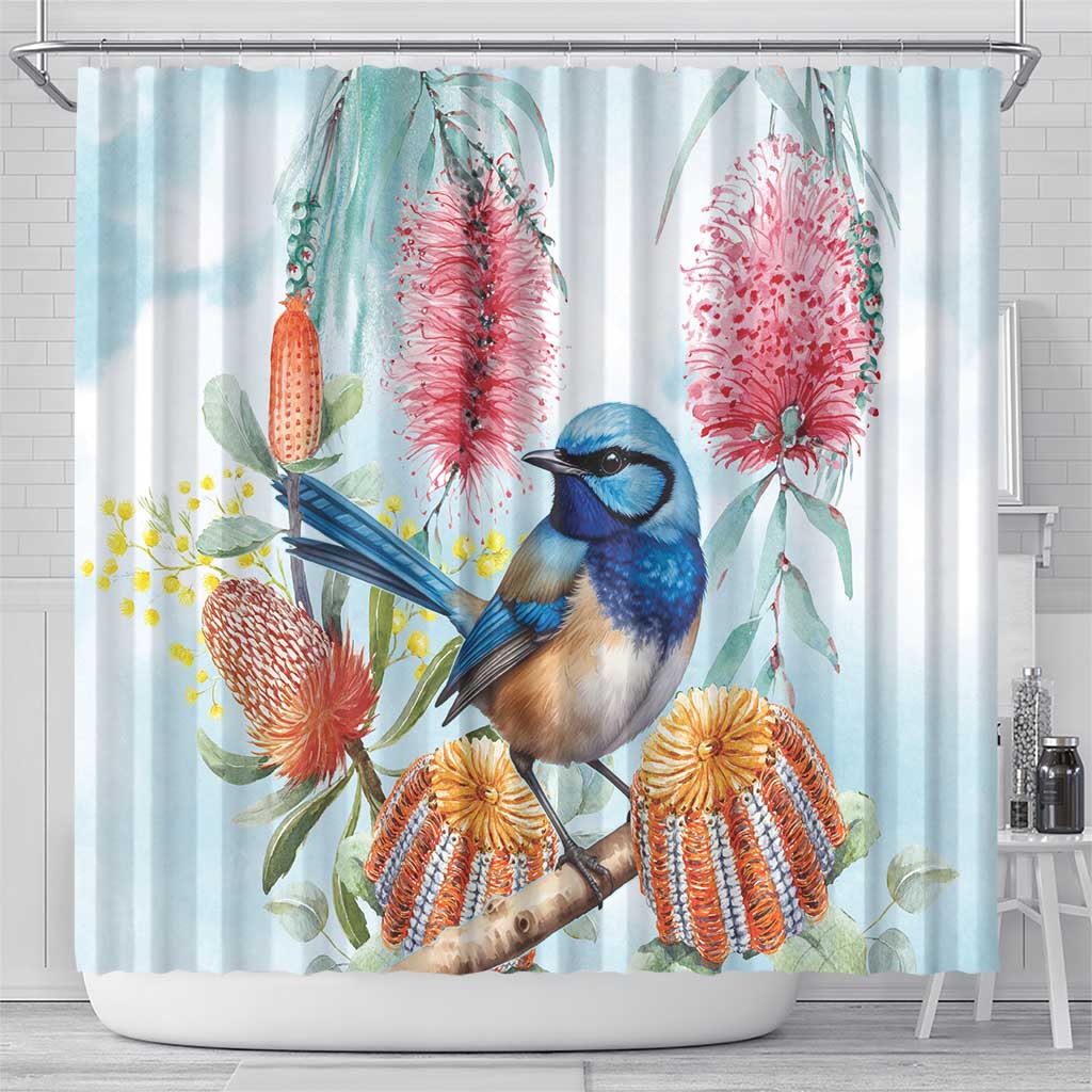 Splendid Fairy-wren Australia Shower Curtain Aussie National Flowers - Watercolor Style