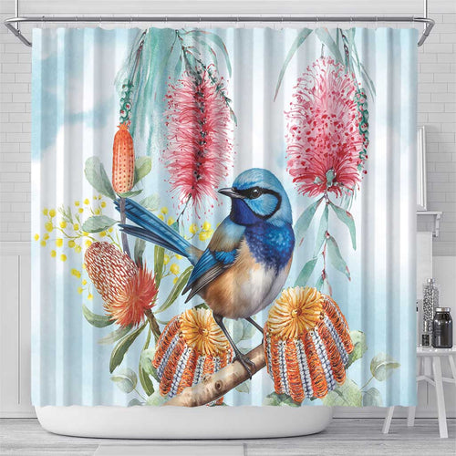 Splendid Fairy-wren Australia Shower Curtain Aussie National Flowers - Watercolor Style