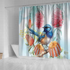 Splendid Fairy-wren Australia Shower Curtain Aussie National Flowers - Watercolor Style