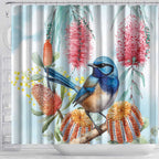 Splendid Fairy-wren Australia Shower Curtain Aussie National Flowers - Watercolor Style