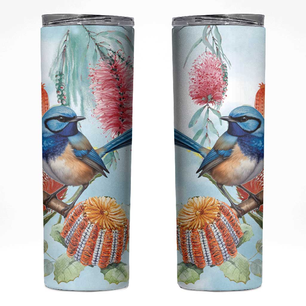 Splendid Fairy-wren Australia Skinny Tumbler Aussie National Flowers - Watercolor Style