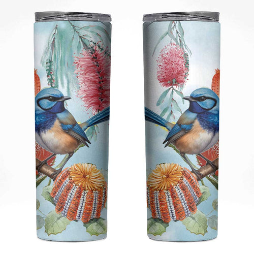 Splendid Fairy-wren Australia Skinny Tumbler Aussie National Flowers - Watercolor Style