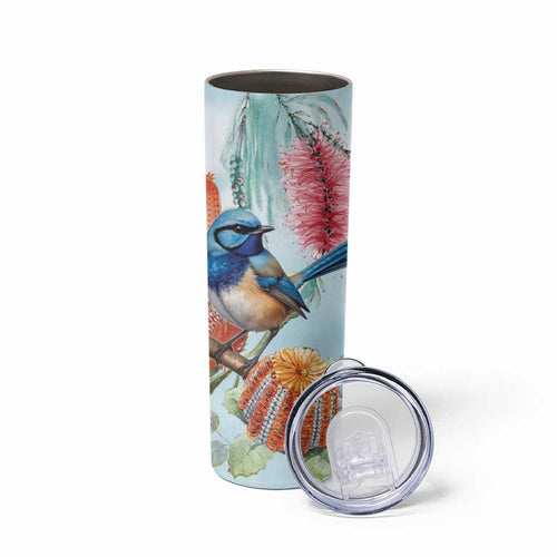 Splendid Fairy-wren Australia Skinny Tumbler Aussie National Flowers - Watercolor Style