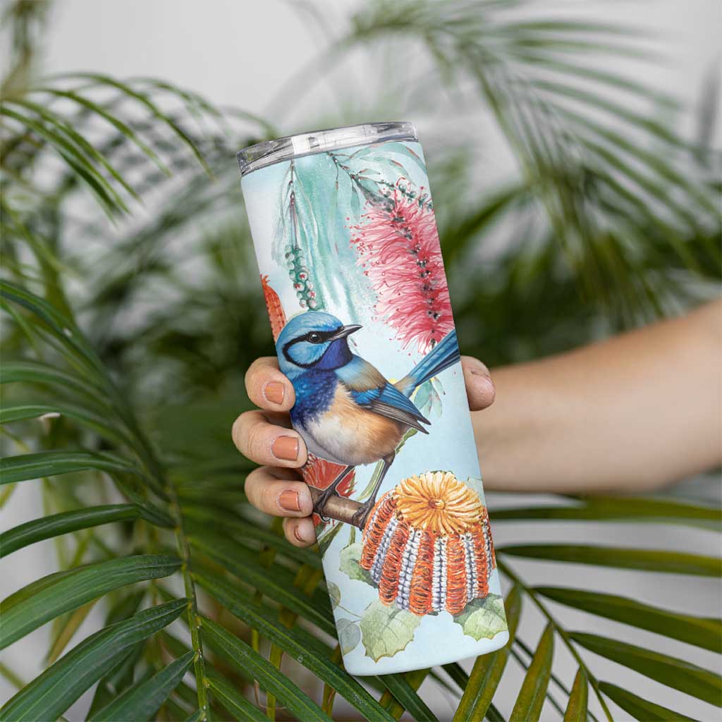 Splendid Fairy-wren Australia Skinny Tumbler Aussie National Flowers - Watercolor Style