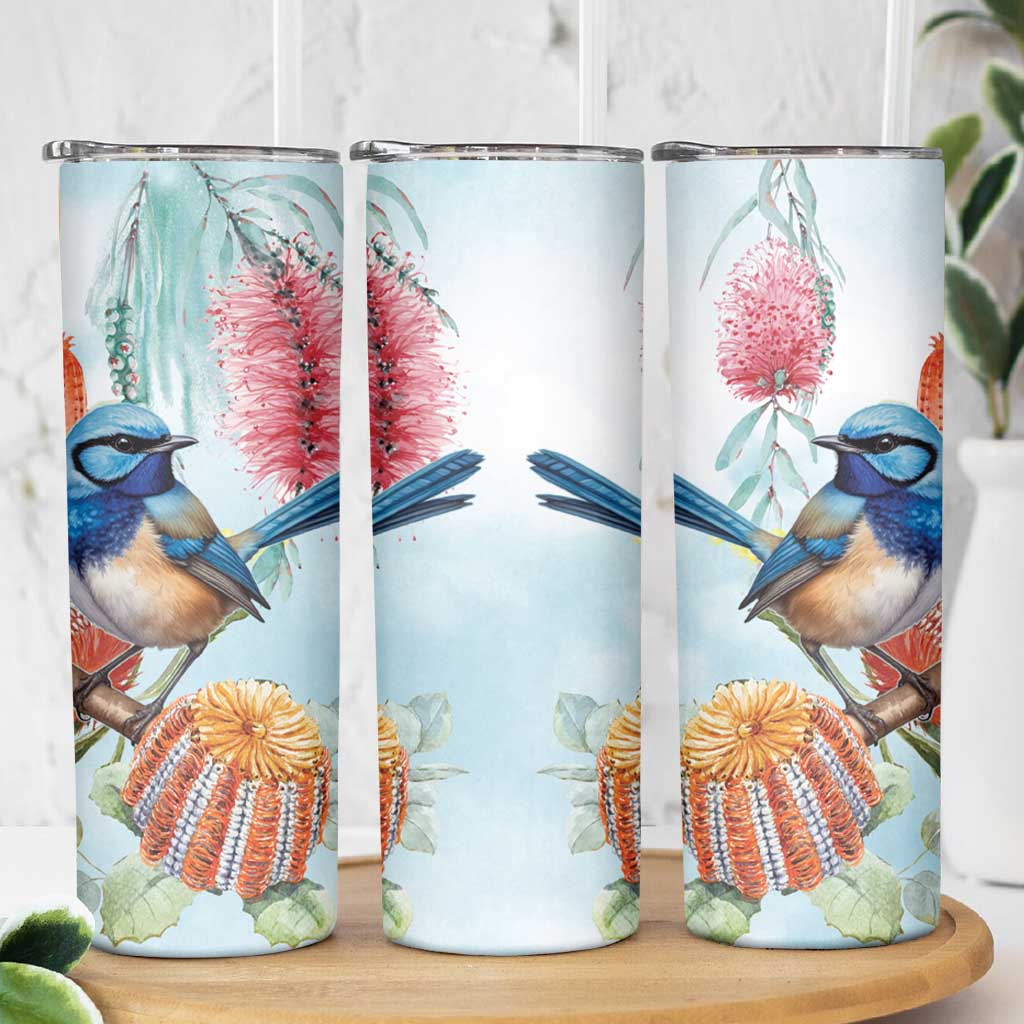 Splendid Fairy-wren Australia Skinny Tumbler Aussie National Flowers - Watercolor Style