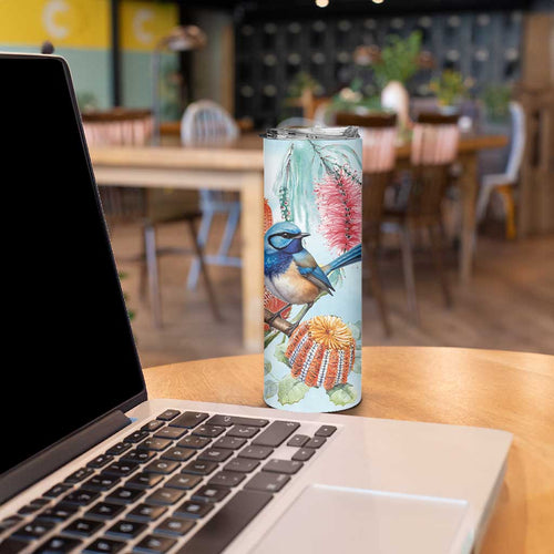 Splendid Fairy-wren Australia Skinny Tumbler Aussie National Flowers - Watercolor Style