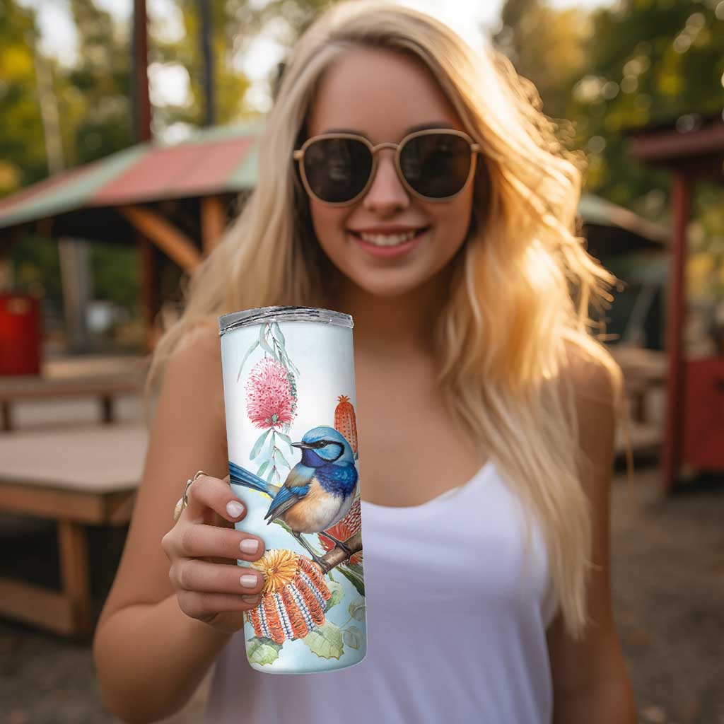 Splendid Fairy-wren Australia Skinny Tumbler Aussie National Flowers - Watercolor Style