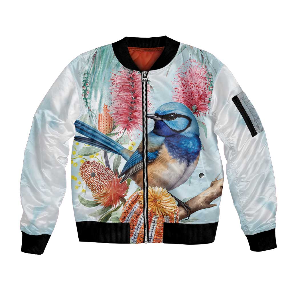 Splendid Fairy-wren Australia Sleeve Zip Bomber Jacket Aussie National Flowers - Watercolor Style