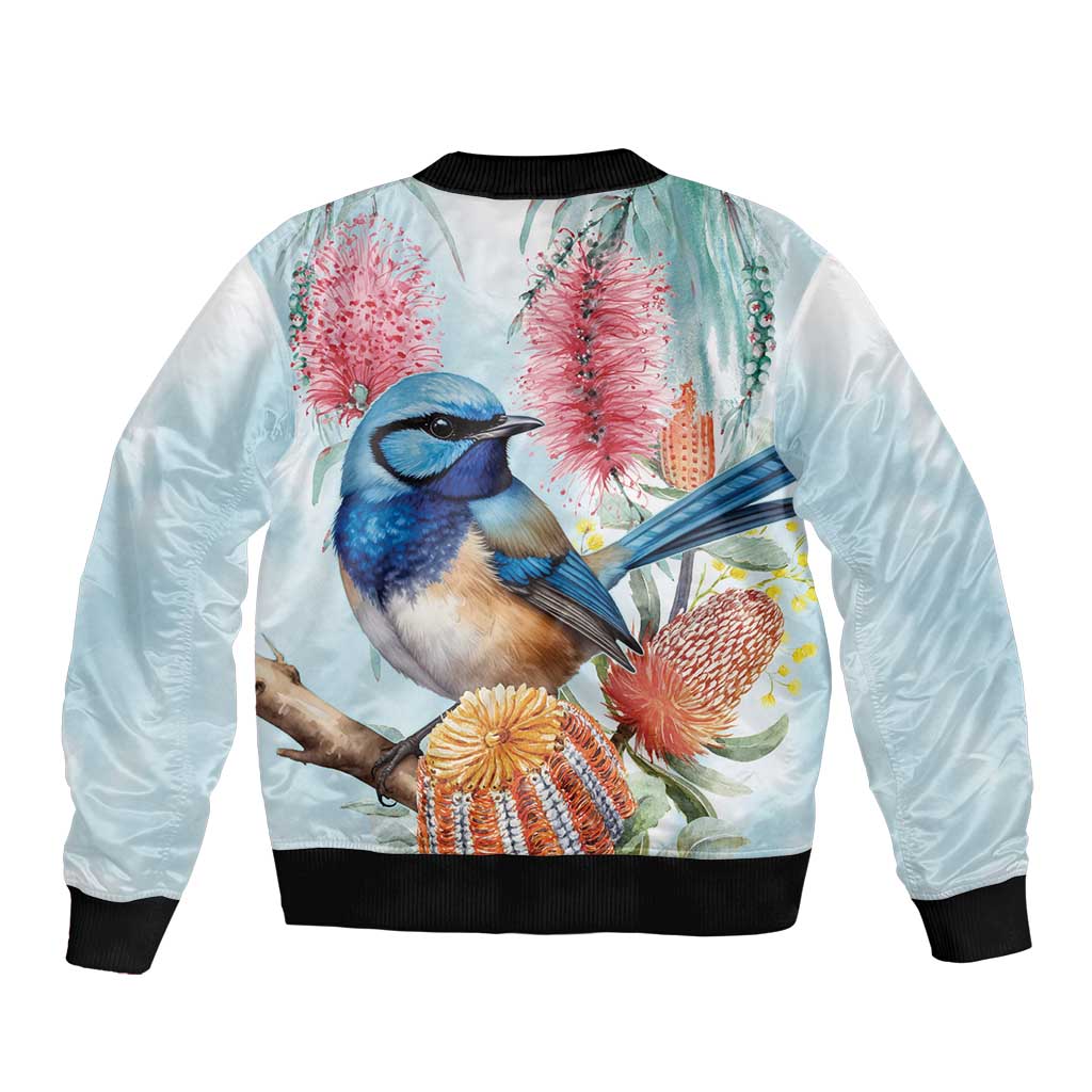 Splendid Fairy-wren Australia Sleeve Zip Bomber Jacket Aussie National Flowers - Watercolor Style