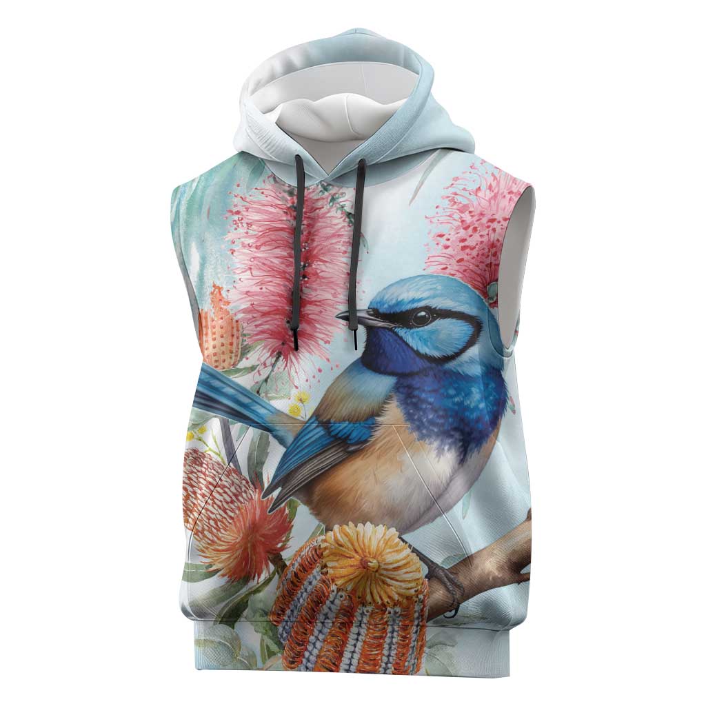 Splendid Fairy-wren Australia Sleeveless Hoodie Aussie National Flowers - Watercolor Style - Aussie Hoodie