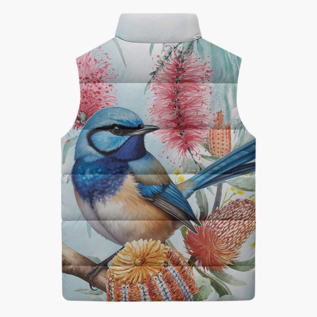 Splendid Fairy-wren Australia Sleeveless Puffer Jacket Aussie National Flowers - Watercolor Style - Aussie Hoodie