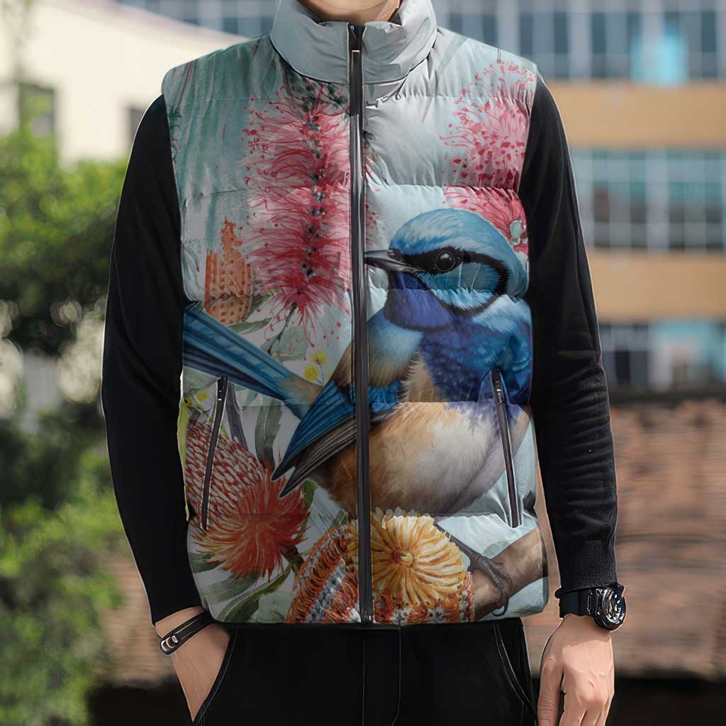 Splendid Fairy-wren Australia Sleeveless Puffer Jacket Aussie National Flowers - Watercolor Style - Aussie Hoodie