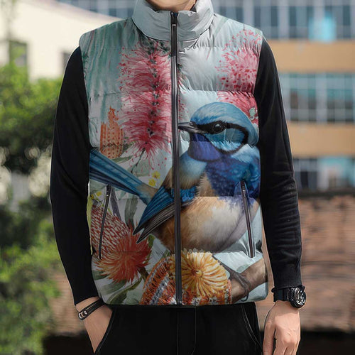 Splendid Fairy-wren Australia Sleeveless Puffer Jacket Aussie National Flowers - Watercolor Style - Aussie Hoodie
