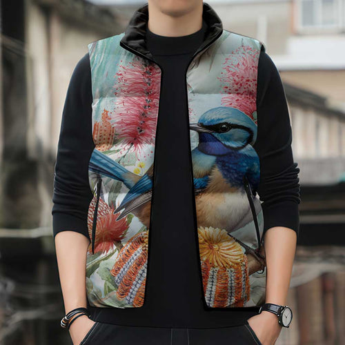 Splendid Fairy-wren Australia Sleeveless Puffer Jacket Aussie National Flowers - Watercolor Style - Aussie Hoodie