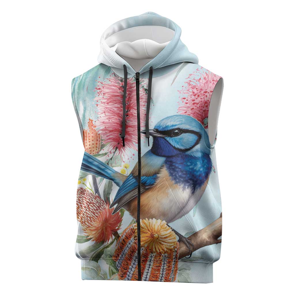 Splendid Fairy-wren Australia Sleeveless Zip Hoodie Aussie National Flowers - Watercolor Style LT14