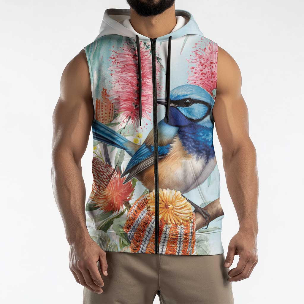 Splendid Fairy-wren Australia Sleeveless Zip Hoodie Aussie National Flowers - Watercolor Style LT14