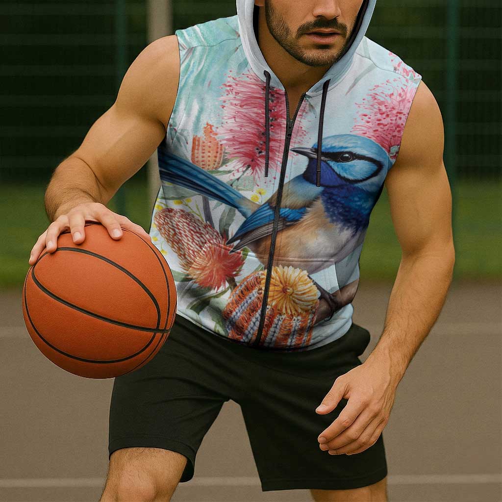 Splendid Fairy-wren Australia Sleeveless Zip Hoodie Aussie National Flowers - Watercolor Style LT14