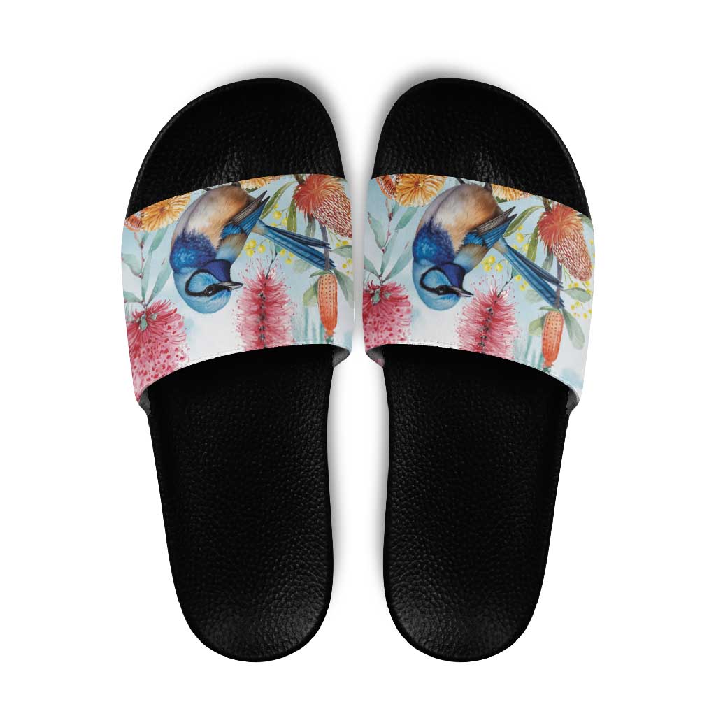 Splendid Fairy-wren Australia Slide Sandals Aussie National Flowers - Watercolor Style - Aussie Hoodie
