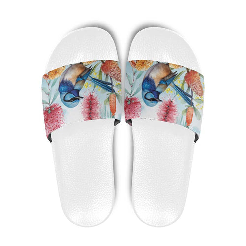 Splendid Fairy-wren Australia Slide Sandals Aussie National Flowers - Watercolor Style - Aussie Hoodie