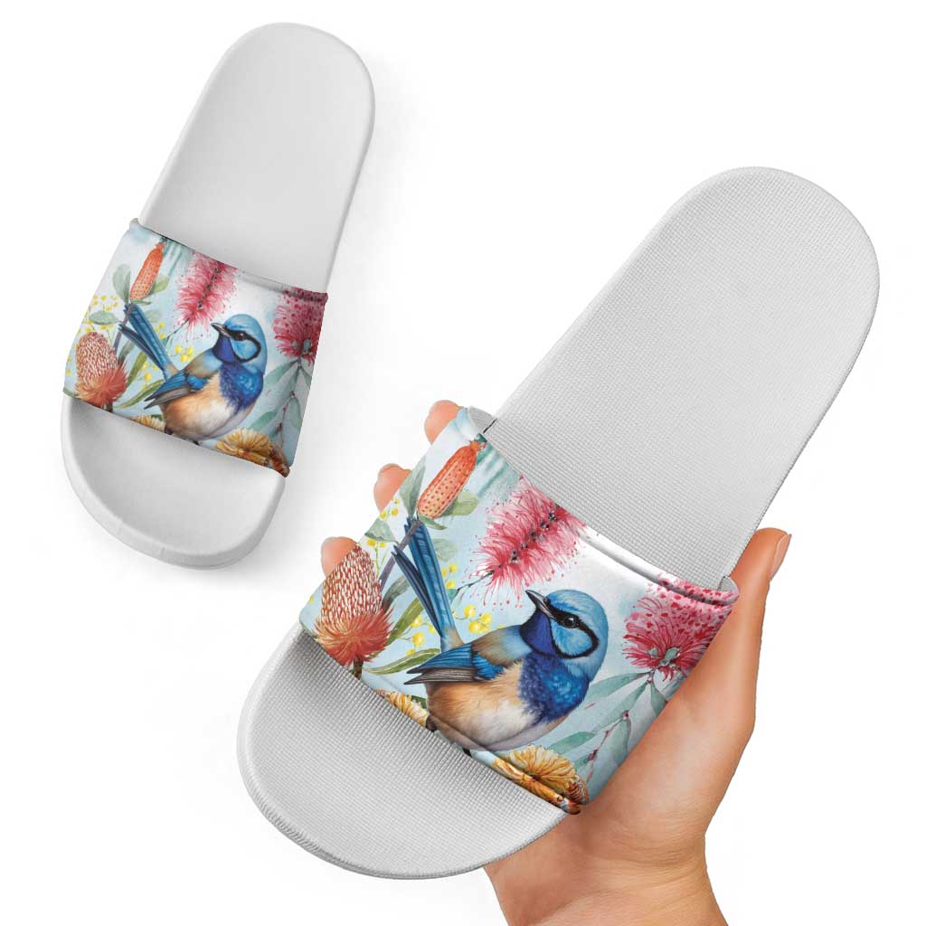 Splendid Fairy-wren Australia Slide Sandals Aussie National Flowers - Watercolor Style - Aussie Hoodie