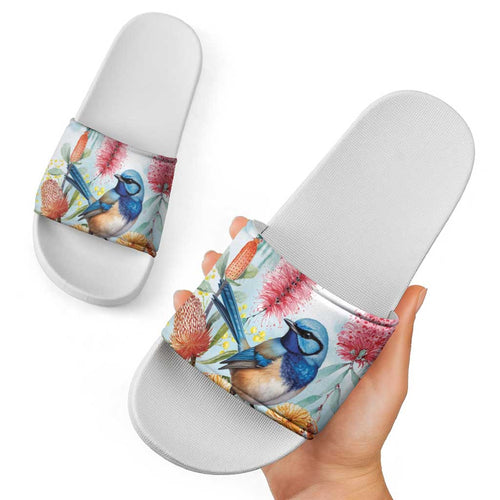Splendid Fairy-wren Australia Slide Sandals Aussie National Flowers - Watercolor Style - Aussie Hoodie