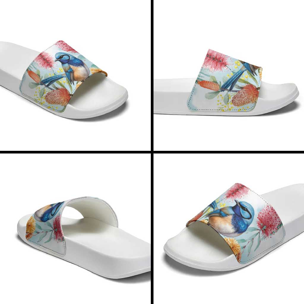Splendid Fairy-wren Australia Slide Sandals Aussie National Flowers - Watercolor Style - Aussie Hoodie