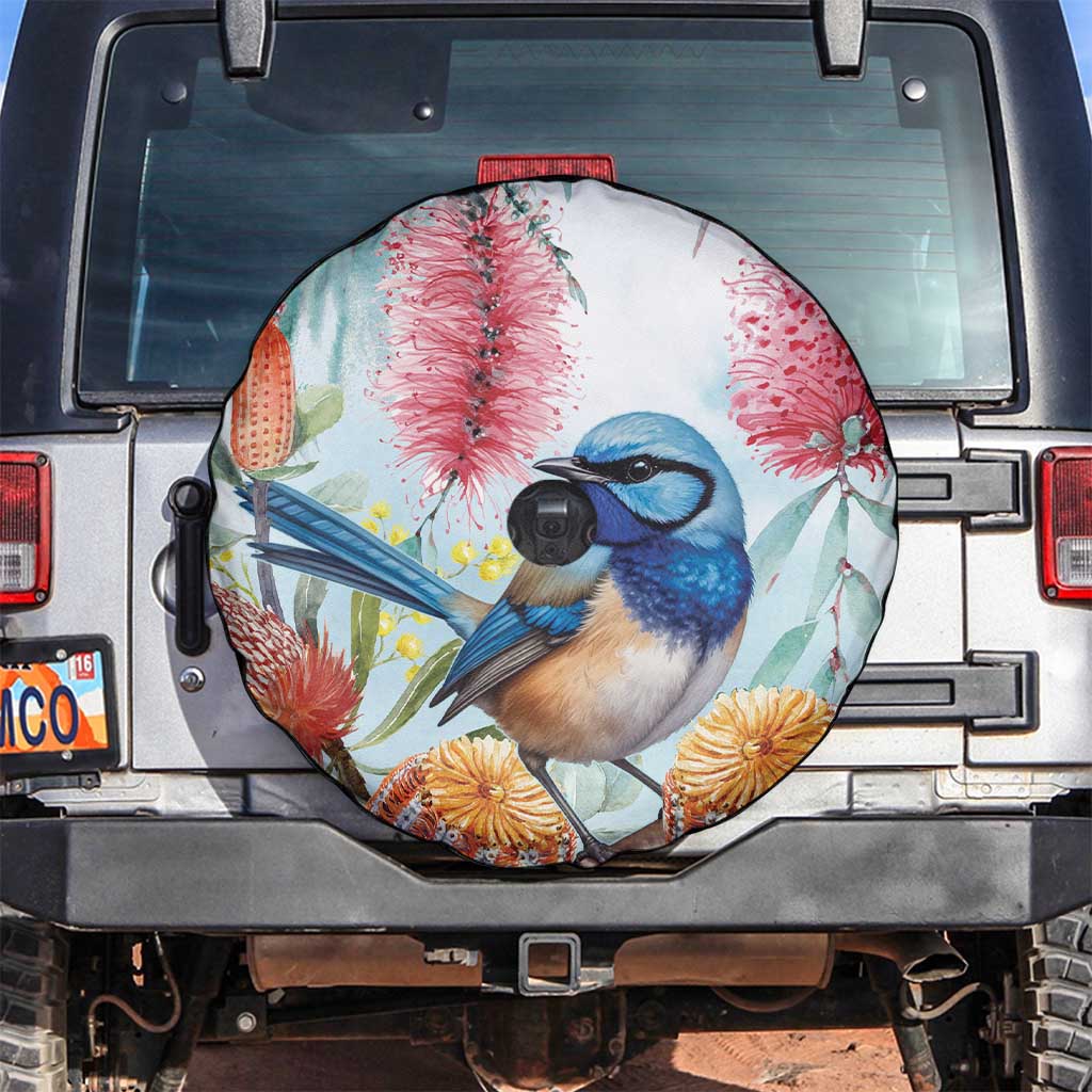 Splendid Fairy-wren Australia Spare Tire Cover Aussie National Flowers - Watercolor Style