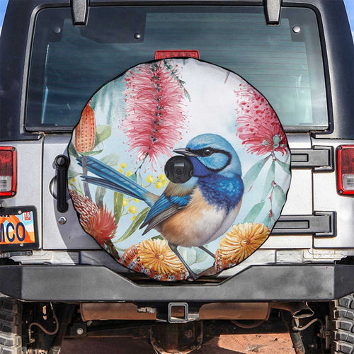 Splendid Fairy-wren Australia Spare Tire Cover Aussie National Flowers - Watercolor Style
