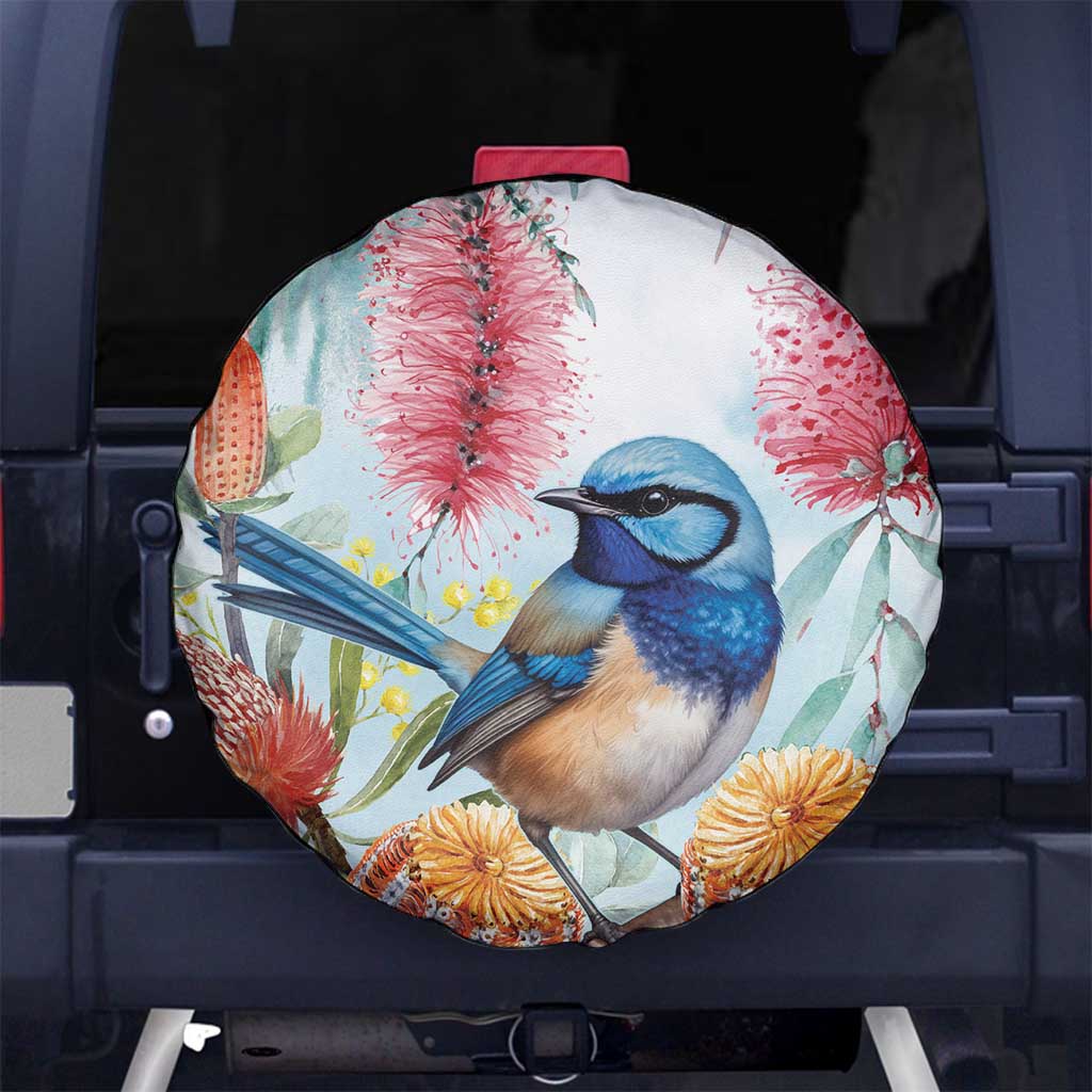 Splendid Fairy-wren Australia Spare Tire Cover Aussie National Flowers - Watercolor Style