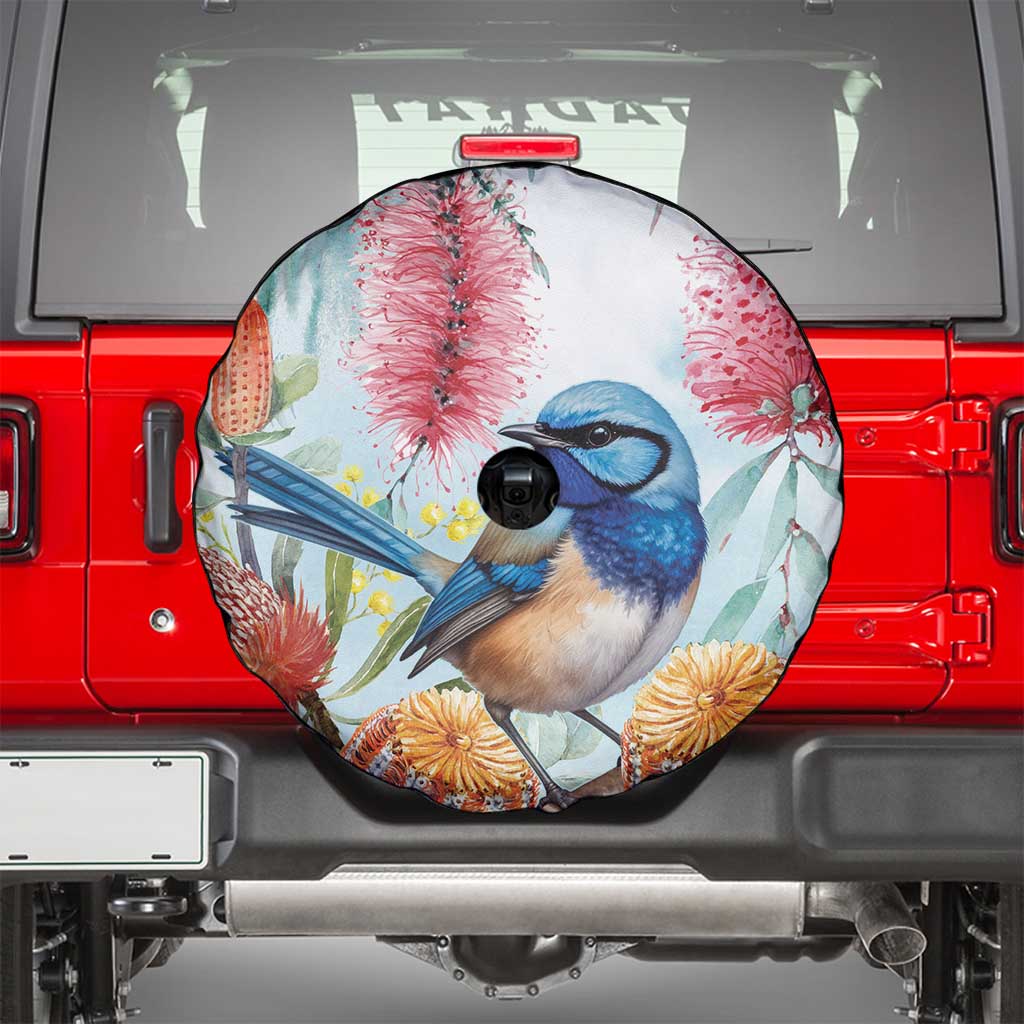 Splendid Fairy-wren Australia Spare Tire Cover Aussie National Flowers - Watercolor Style