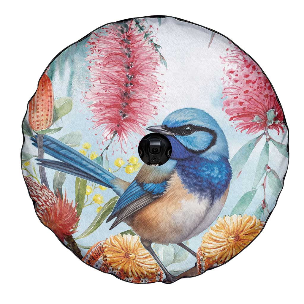 Splendid Fairy-wren Australia Spare Tire Cover Aussie National Flowers - Watercolor Style