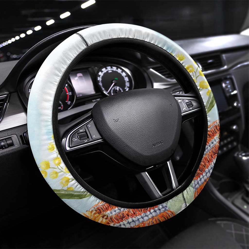 Splendid Fairy-wren Australia Steering Wheel Cover Aussie National Flowers - Watercolor Style