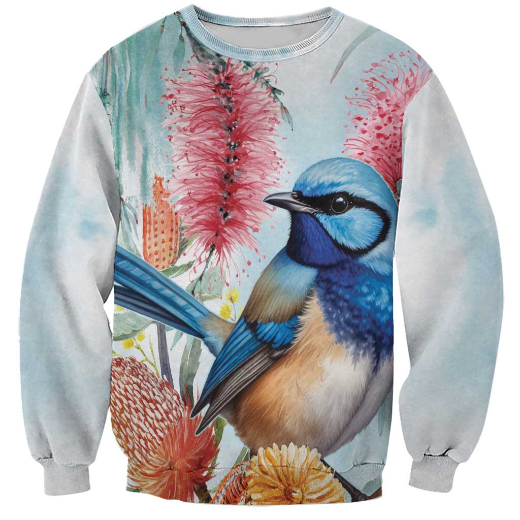 Splendid Fairy-wren Australia Sweatshirt Aussie National Flowers - Watercolor Style