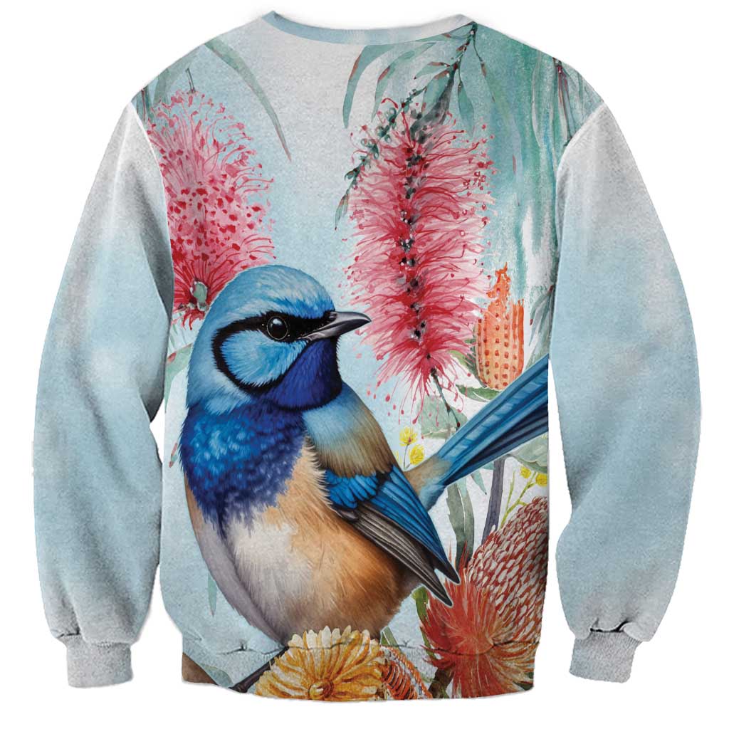 Splendid Fairy-wren Australia Sweatshirt Aussie National Flowers - Watercolor Style