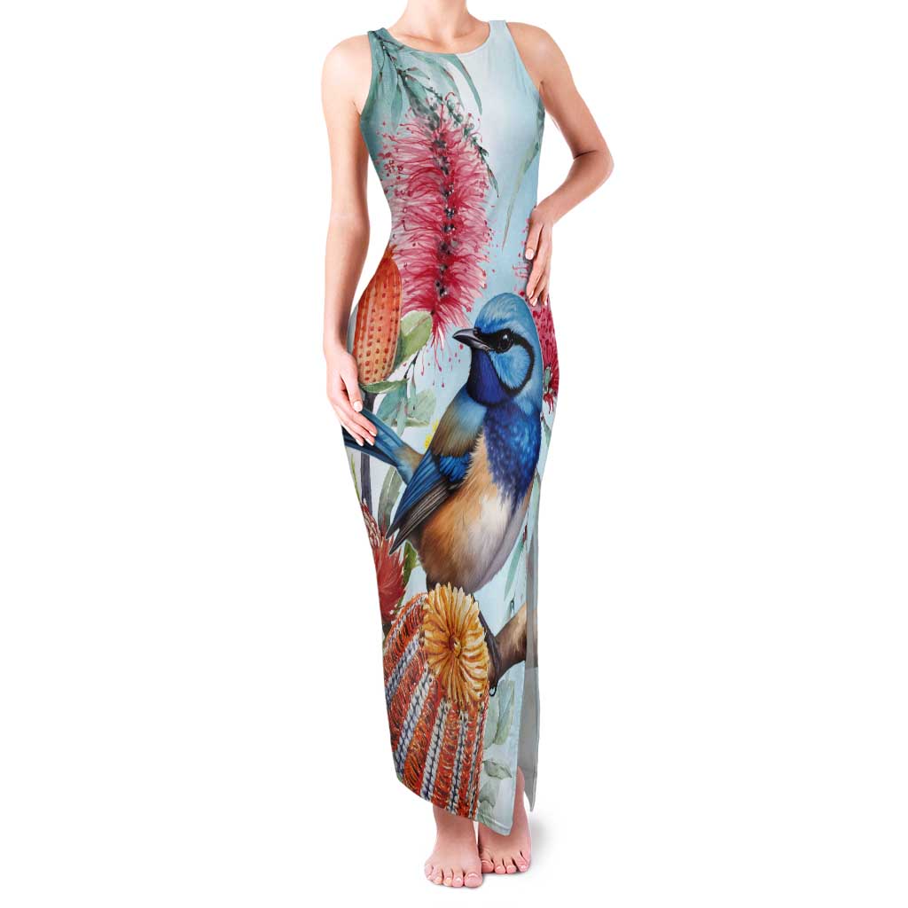 Splendid Fairy-wren Australia Tank Maxi Dress Aussie National Flowers - Watercolor Style