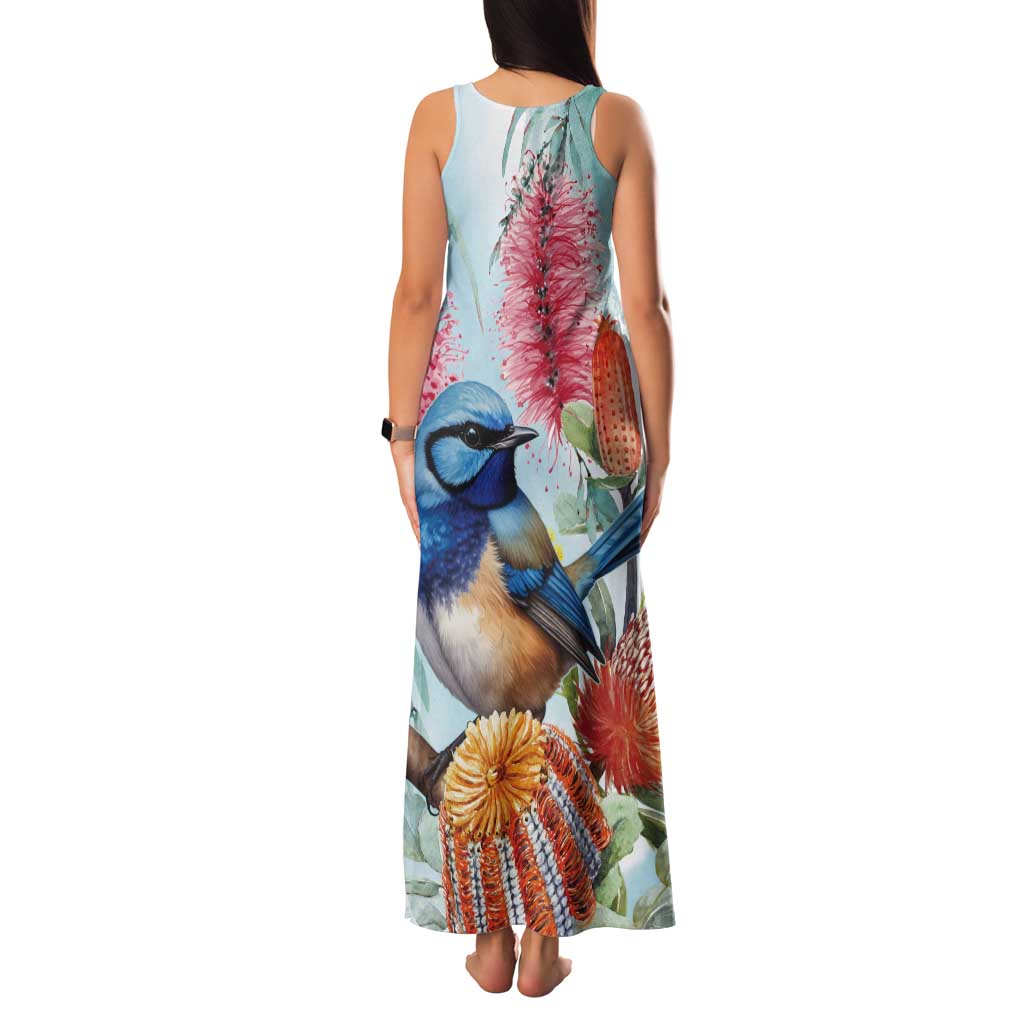 Splendid Fairy-wren Australia Tank Maxi Dress Aussie National Flowers - Watercolor Style