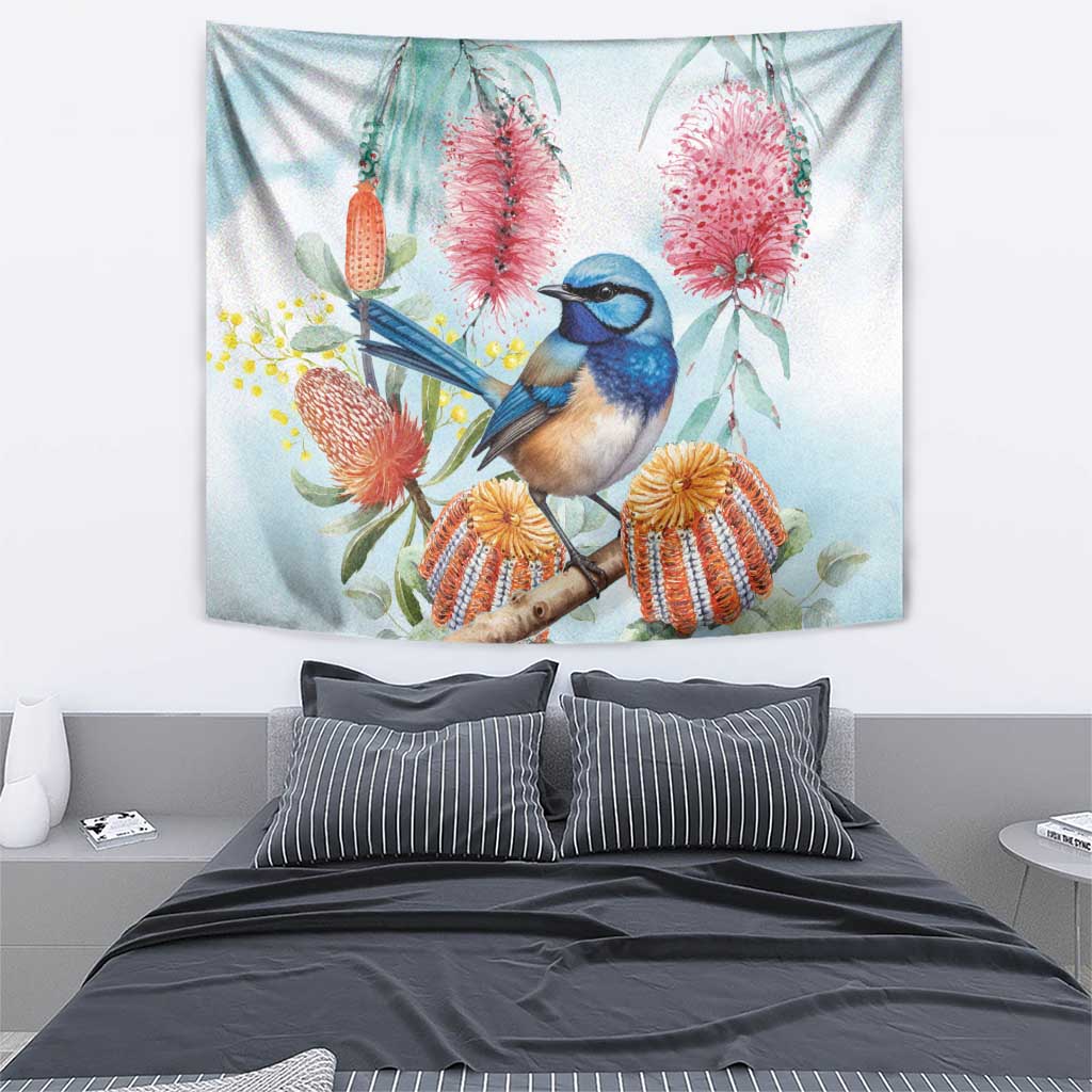 Splendid Fairy-wren Australia Tapestry Aussie National Flowers - Watercolor Style