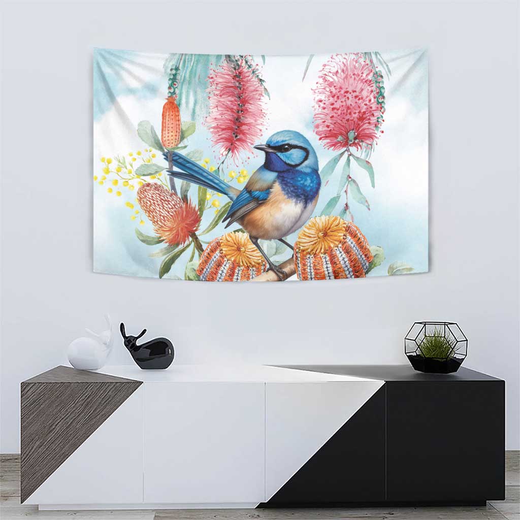 Splendid Fairy-wren Australia Tapestry Aussie National Flowers - Watercolor Style
