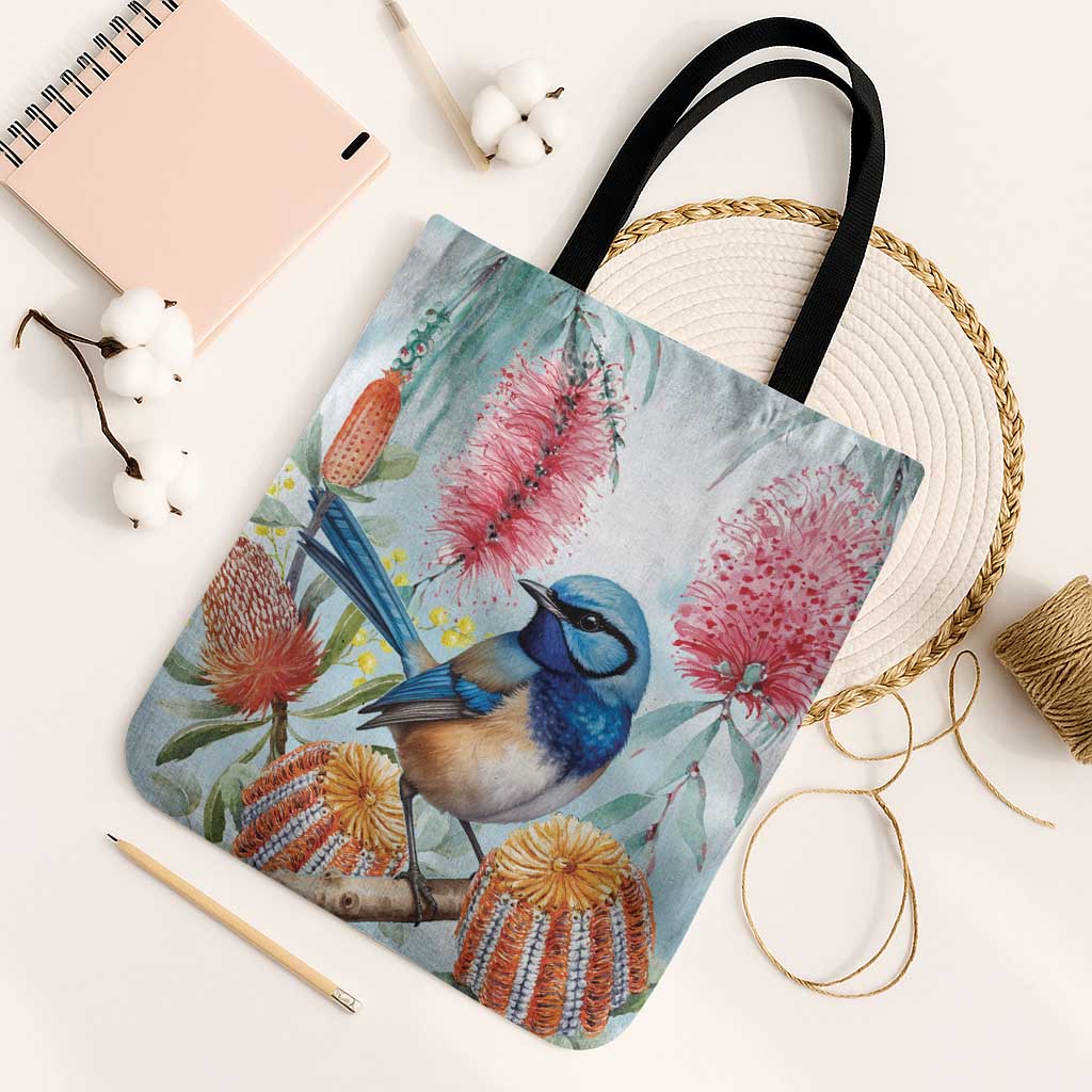 Splendid Fairy-wren Australia Tote Bag Aussie National Flowers - Watercolor Style - Aussie Hoodie