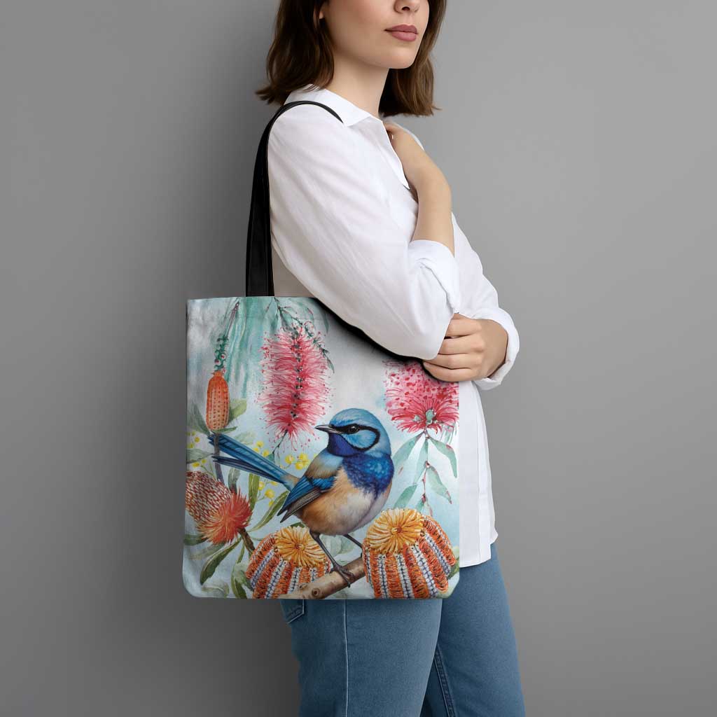 Splendid Fairy-wren Australia Tote Bag Aussie National Flowers - Watercolor Style - Aussie Hoodie