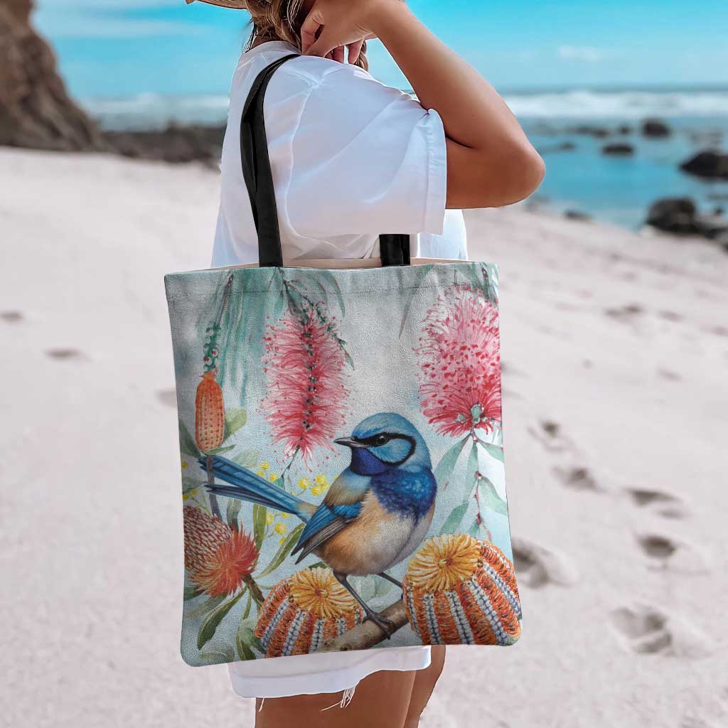 Splendid Fairy-wren Australia Tote Bag Aussie National Flowers - Watercolor Style - Aussie Hoodie