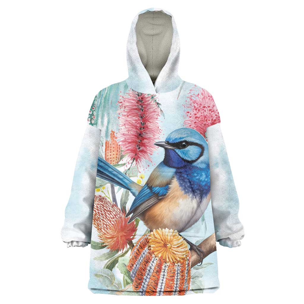Splendid Fairy-wren Australia Wearable Blanket Hoodie Aussie National Flowers - Watercolor Style