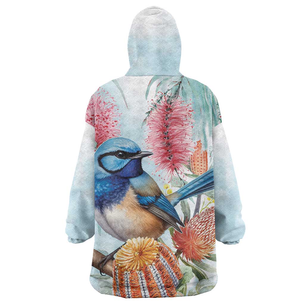 Splendid Fairy-wren Australia Wearable Blanket Hoodie Aussie National Flowers - Watercolor Style