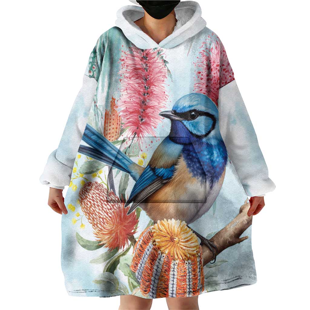 Splendid Fairy-wren Australia Wearable Blanket Hoodie Aussie National Flowers - Watercolor Style