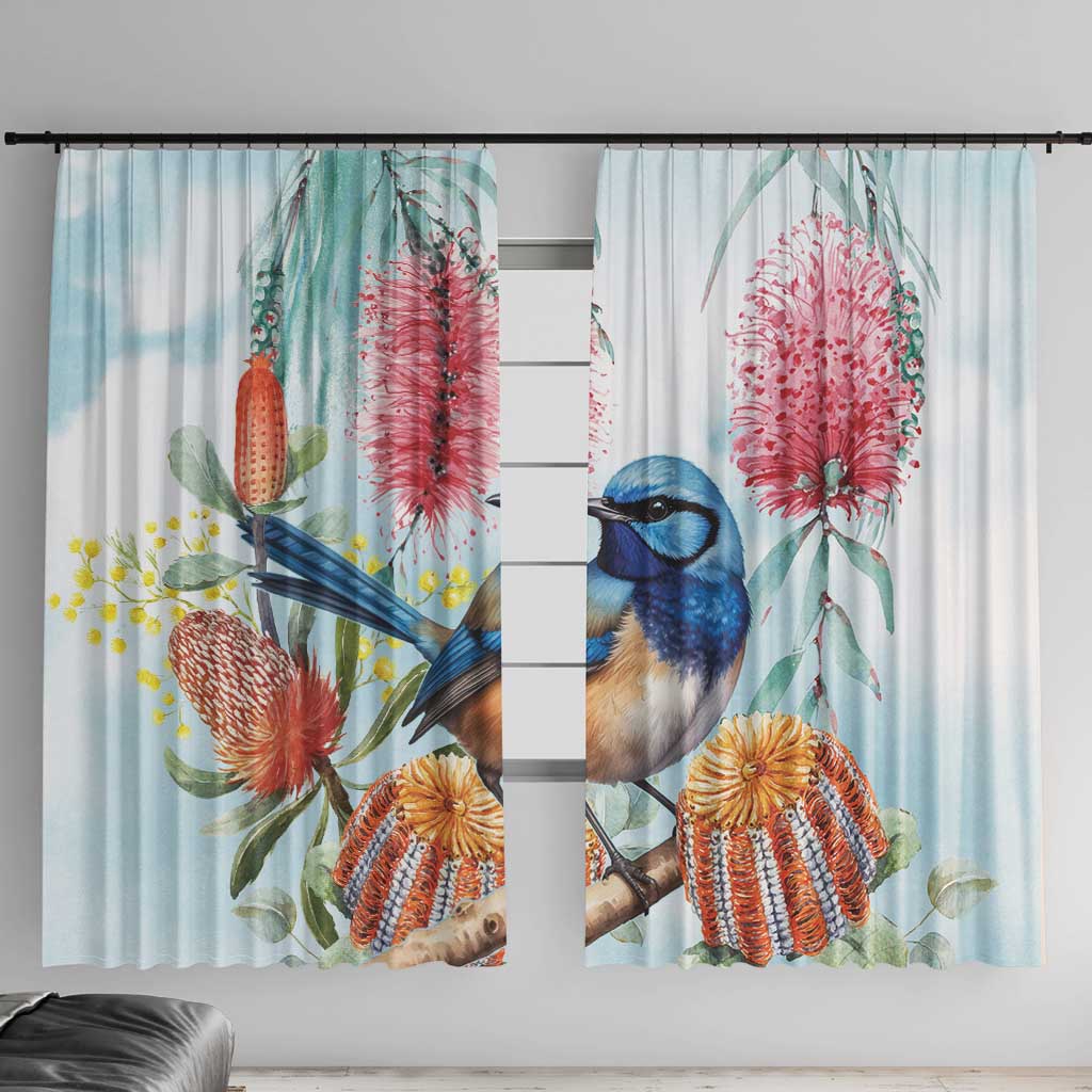 Splendid Fairy-wren Australia Window Curtain Aussie National Flowers - Watercolor Style
