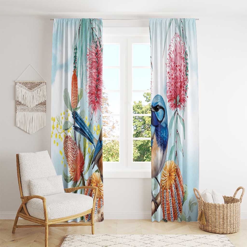 Splendid Fairy-wren Australia Window Curtain Aussie National Flowers - Watercolor Style