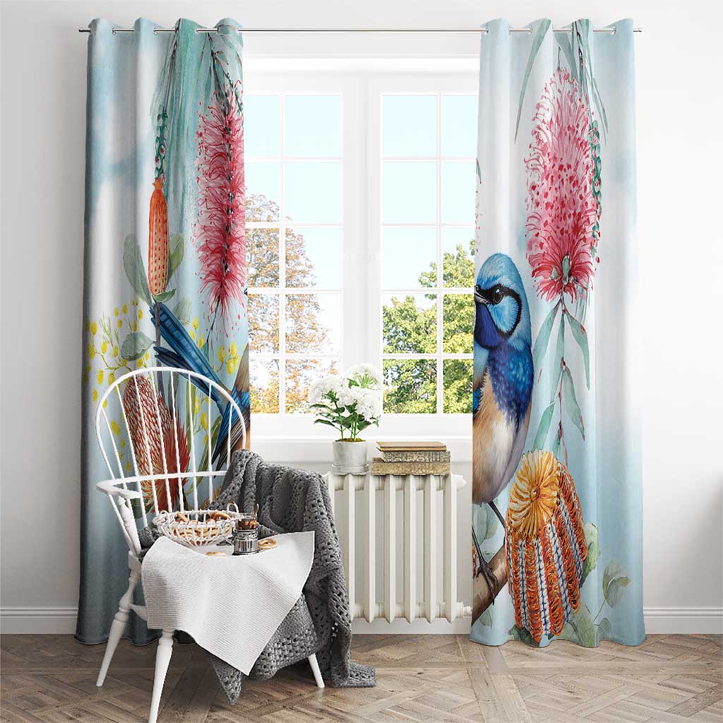 Splendid Fairy-wren Australia Window Curtain Aussie National Flowers - Watercolor Style